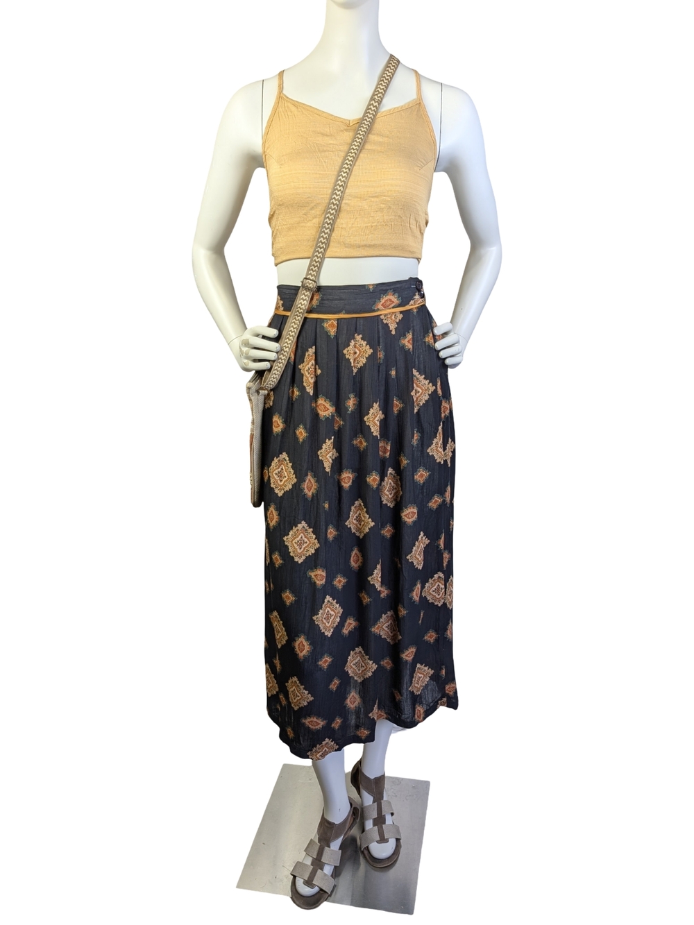 Vintage 90s Black Medallion Print Boho Midi Skirt High Waist Size 14 - Picture 2 of 8